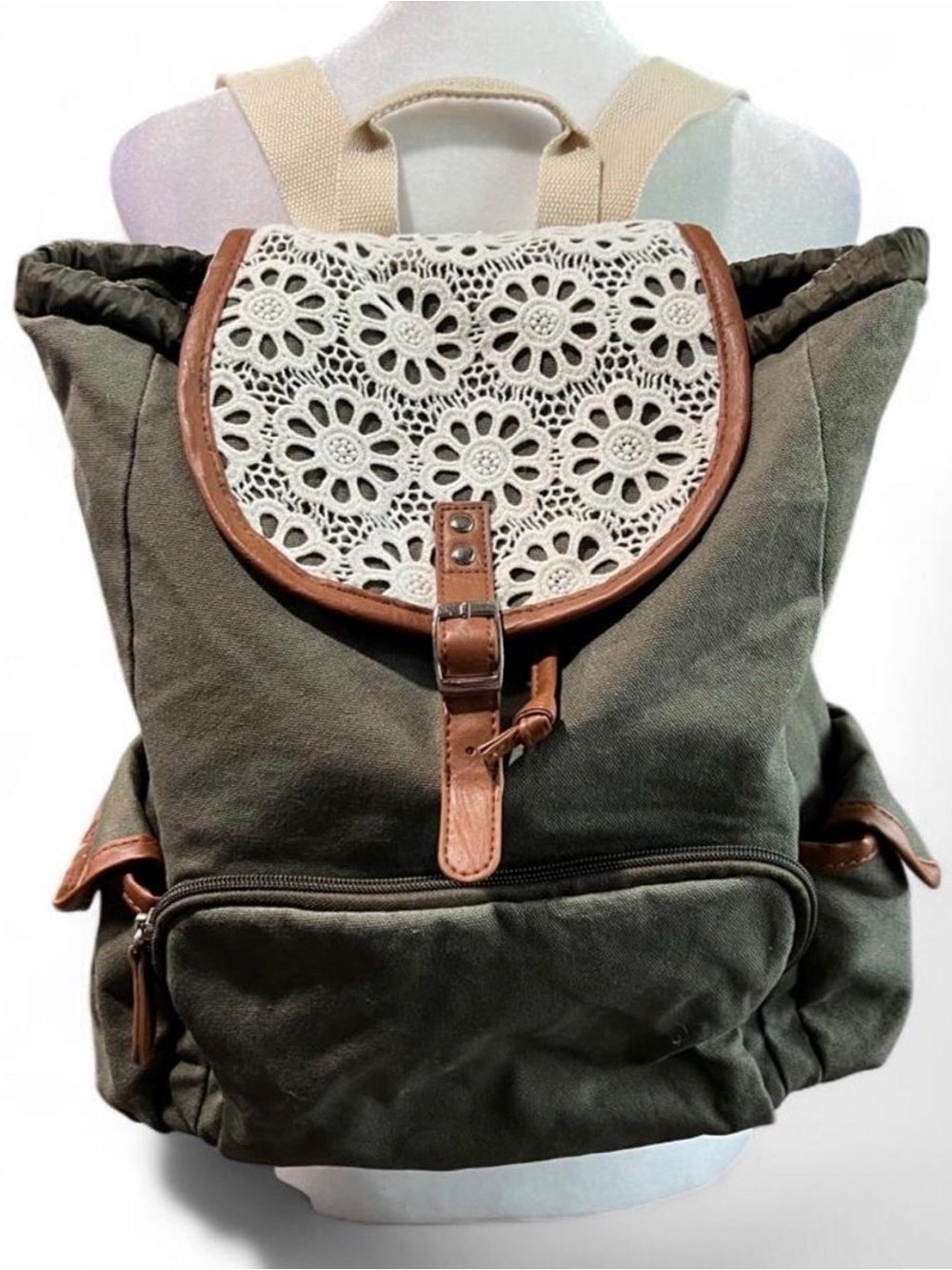 Canvas Floral Crochet Flap Backpack - Olive Green